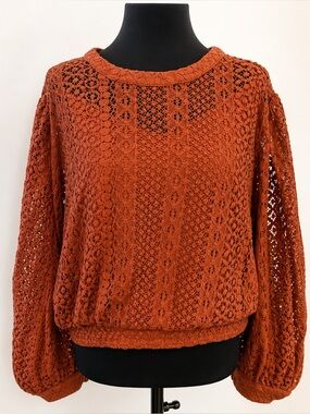 Express Crochet Lace Sweater XL Boho Festival Top Burnt Orange Balloon Sleeve